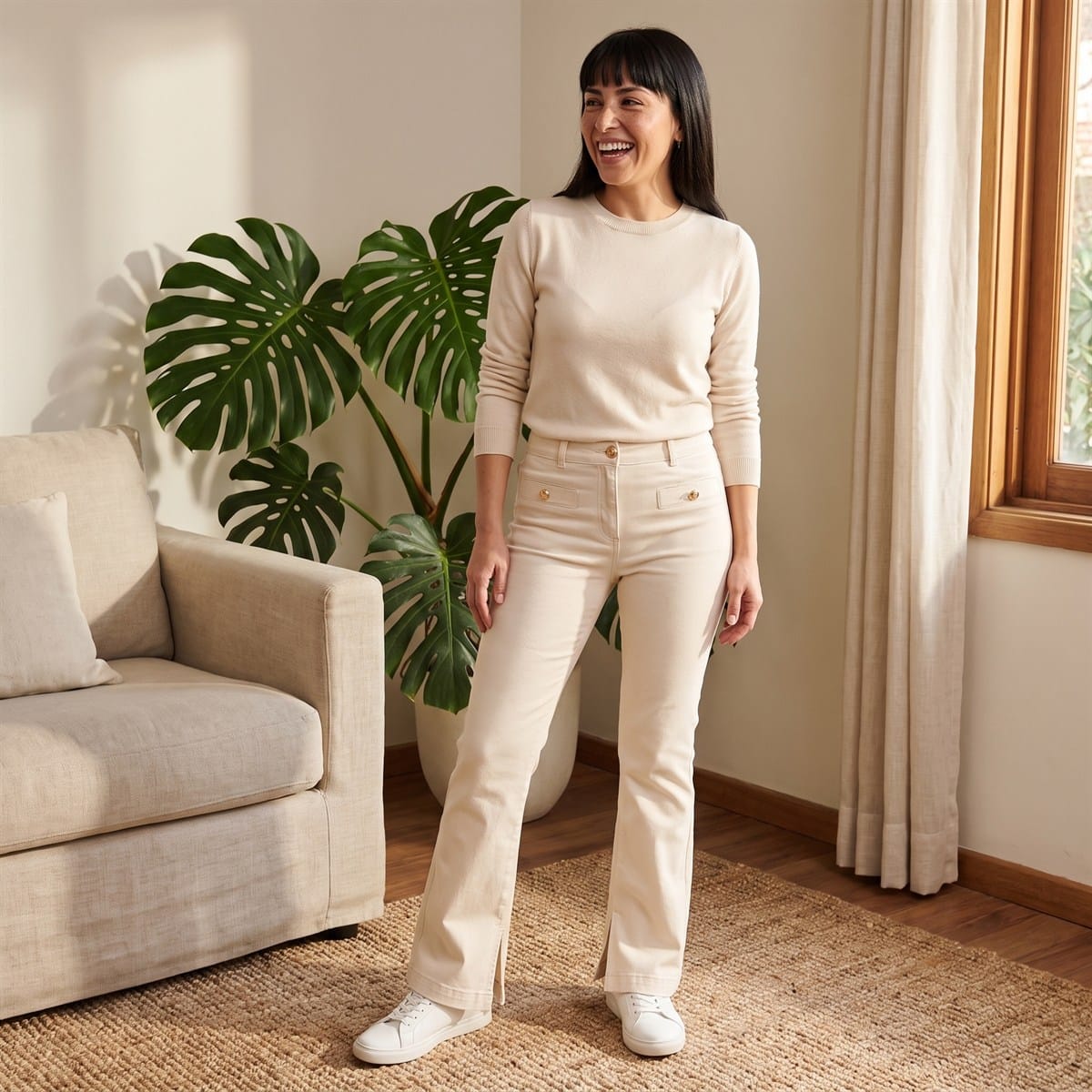 Jeans Flare 3 Botones Crema lifestyle