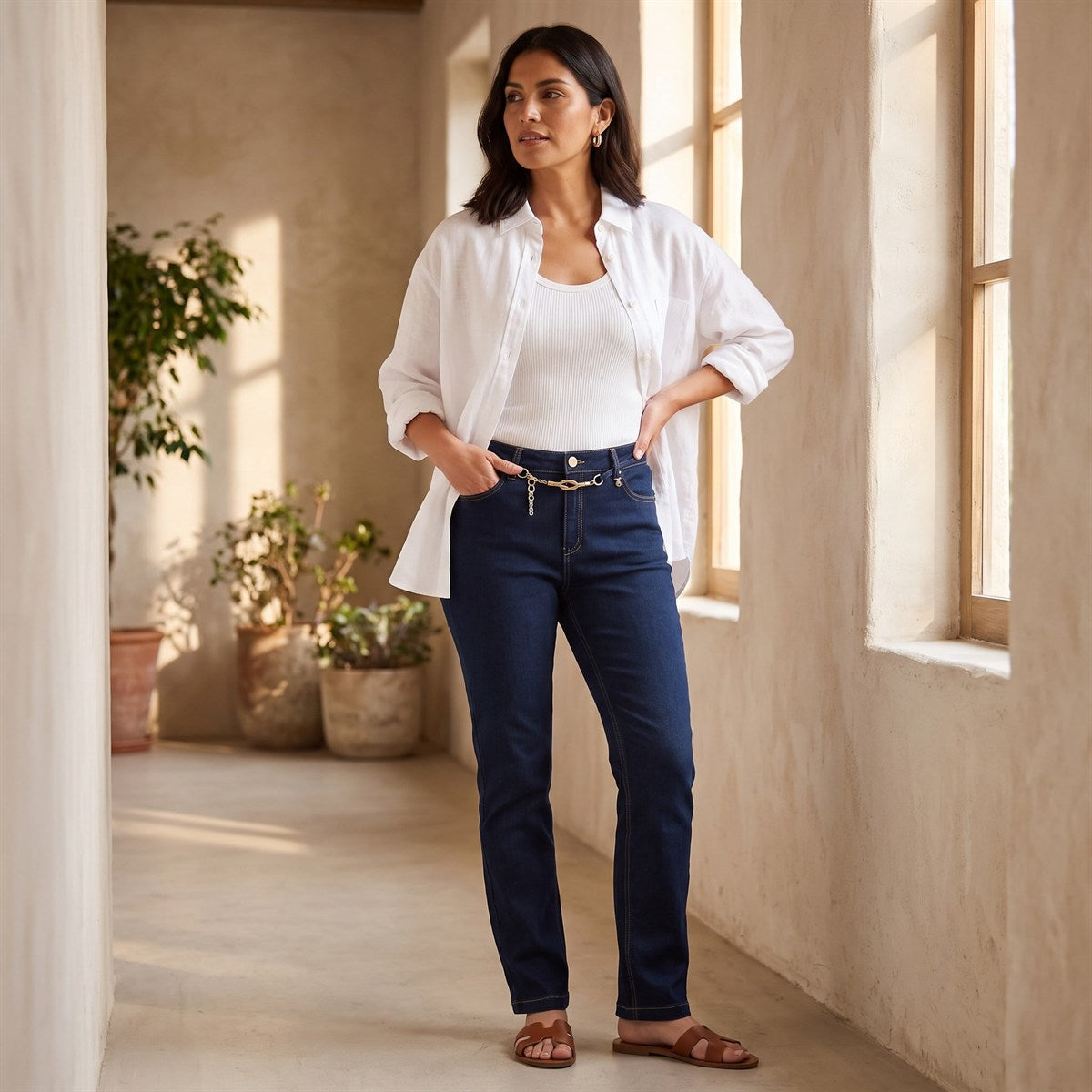 Jeans Flare con Cinturón Dorado Azul lifestyle