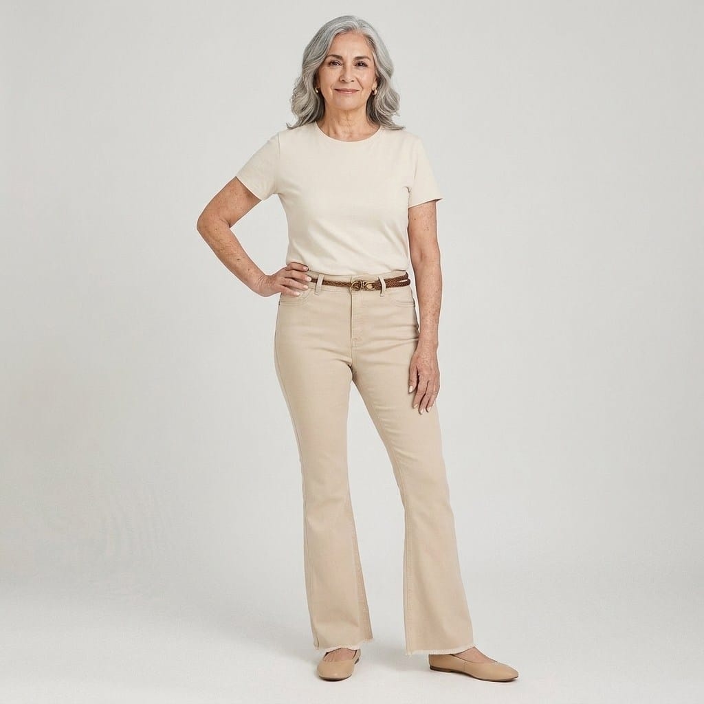 Jeans Flare con Cinturón Beige en modelo adulta