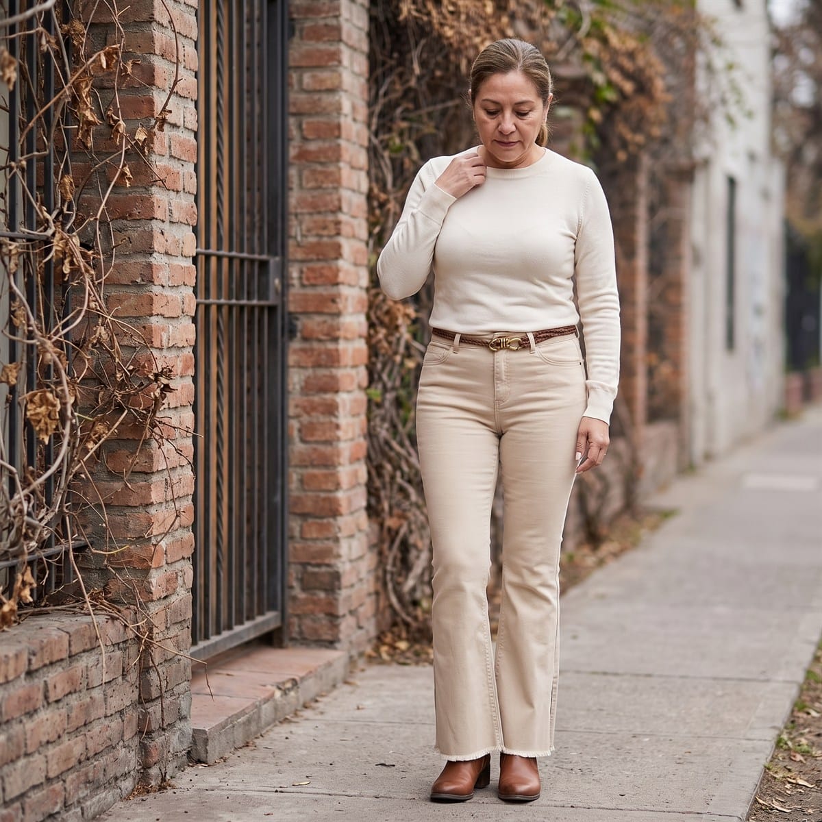 Jeans Flare con Cinturón Beige lifestyle