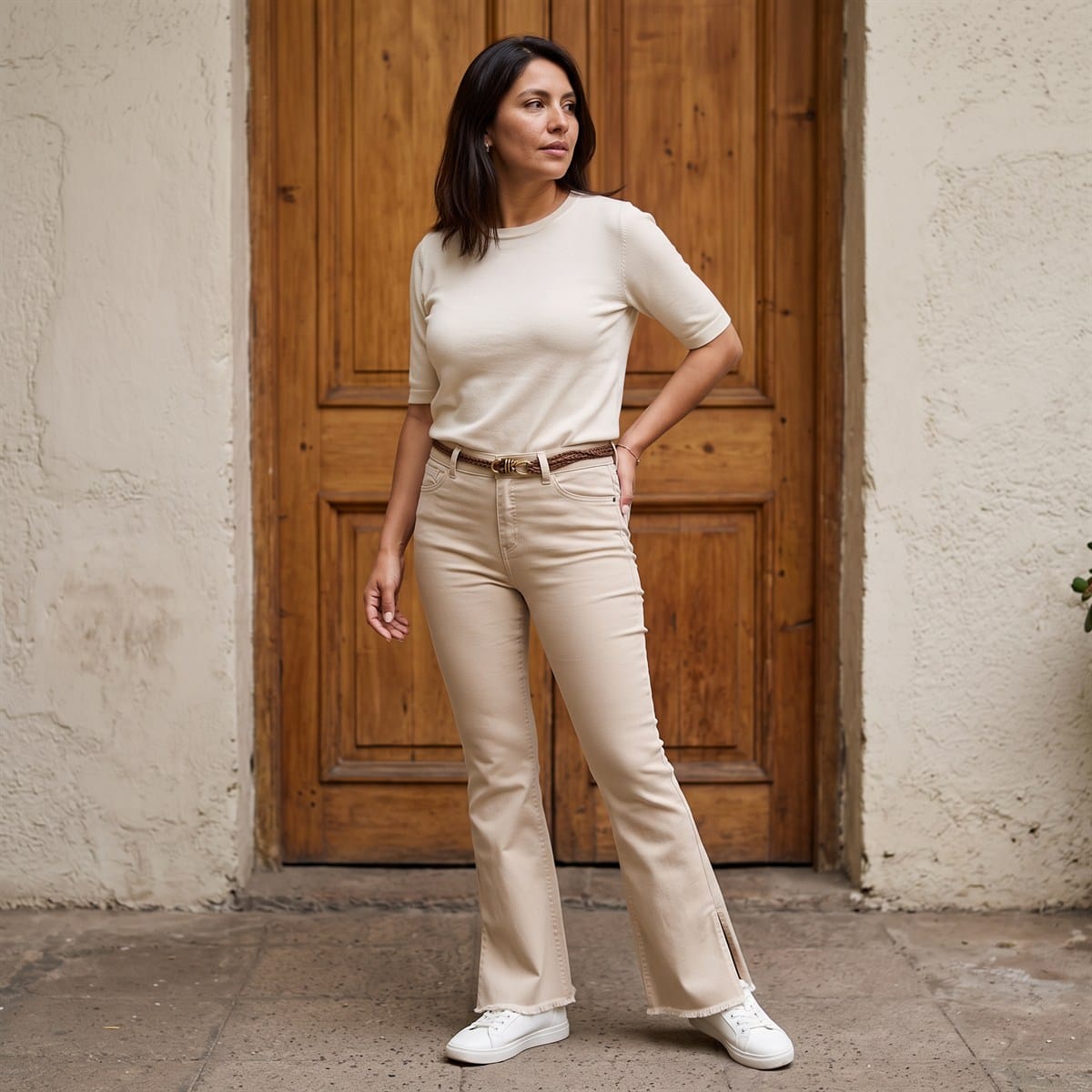 Jeans Flare con Cinturón Beige lifestyle