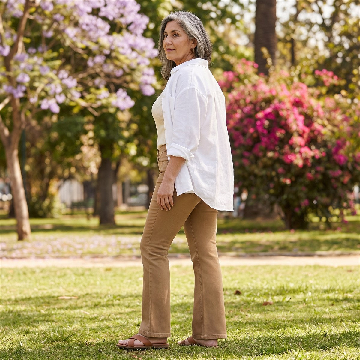 Jeans Flare un Botón Beige lifestyle