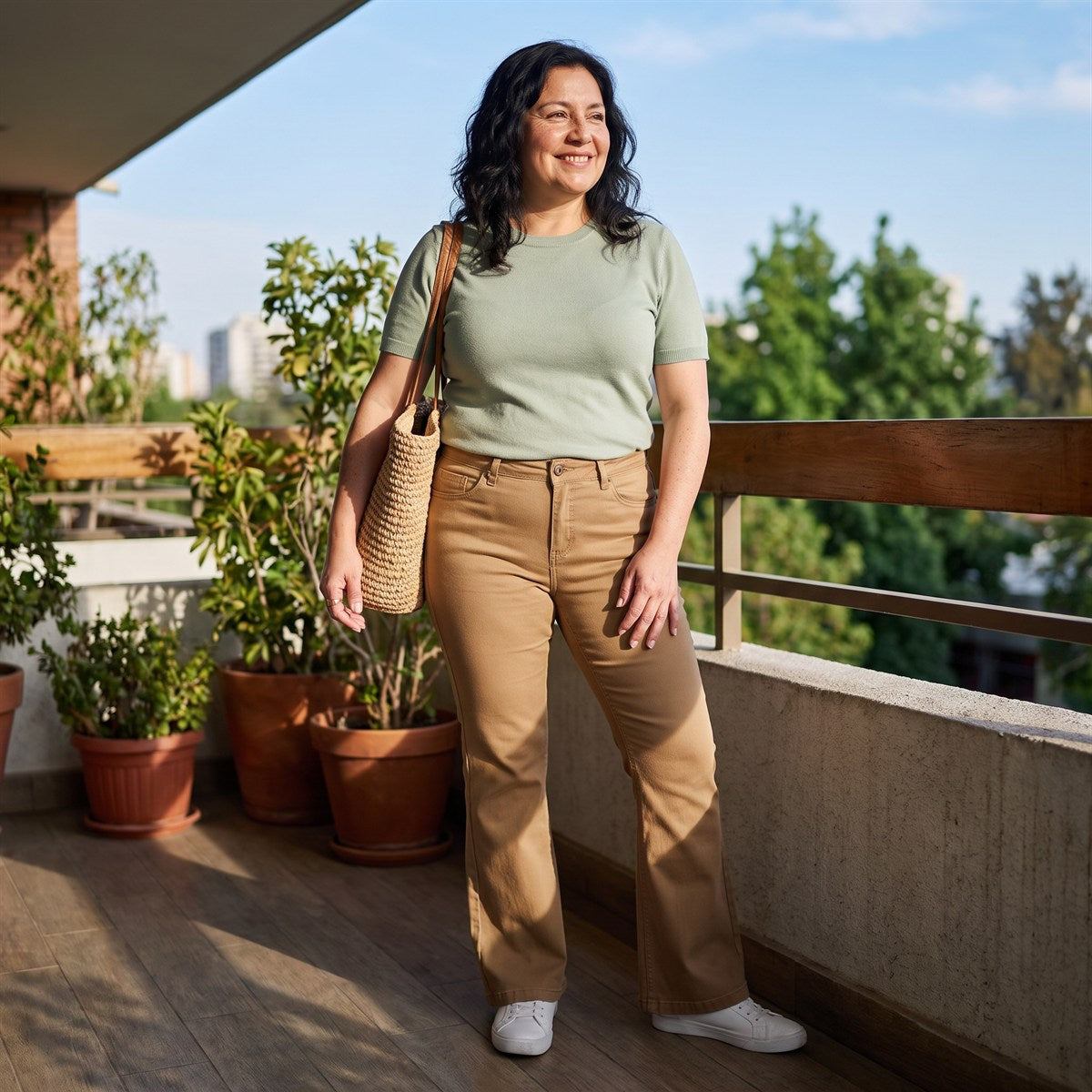 Jeans Flare un Botón Beige lifestyle