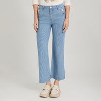 Jeans Culotte Listado con Botones Decorativos en Bolsillo Azul
