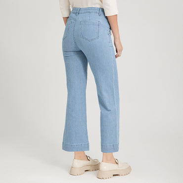 Jeans Culotte Listado con Botones Decorativos en Bolsillo Azul