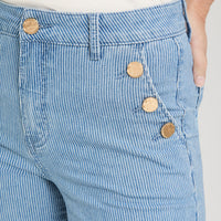 Jeans Culotte Listado con Botones Decorativos en Bolsillo Azul