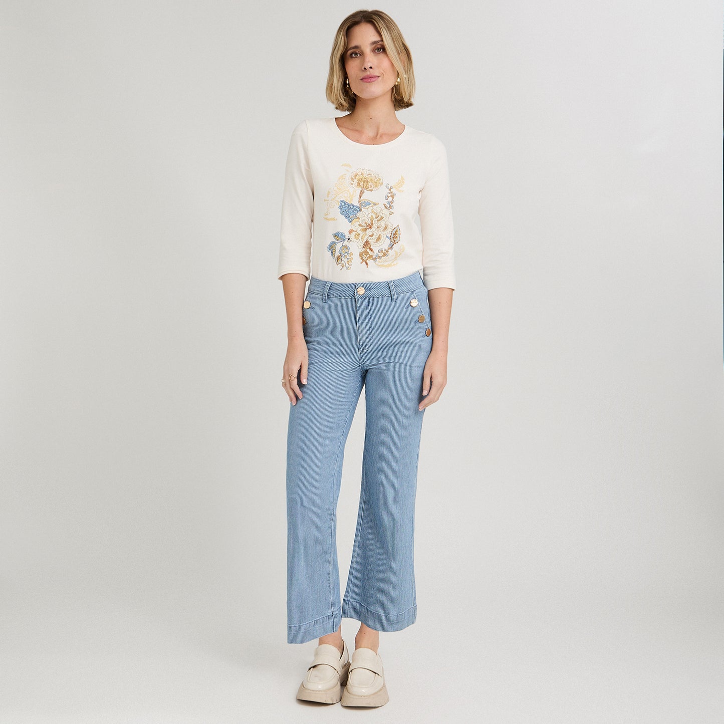 Jeans Culotte Listado con Botones Decorativos en Bolsillo Azul
