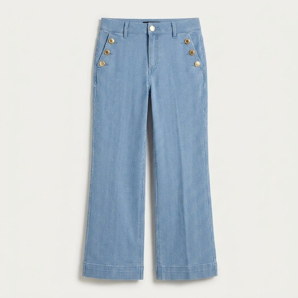 Jeans Culotte Listado con Botones Decorativos en Bolsillo Azul en plano