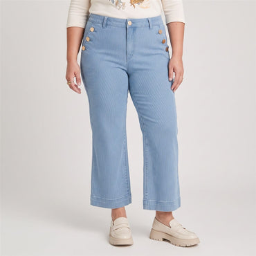 Jeans Culotte Listado con Botones Decorativos en Bolsillo Azul en modelo plus size