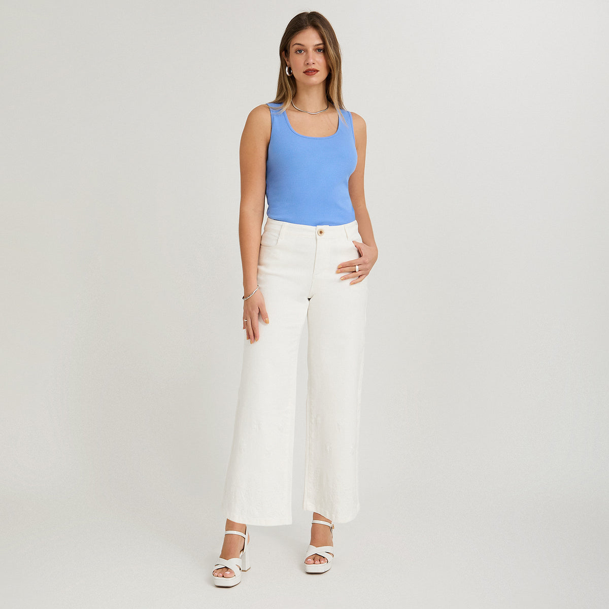 Jeans Palazzo con Terminación Calada Crudo