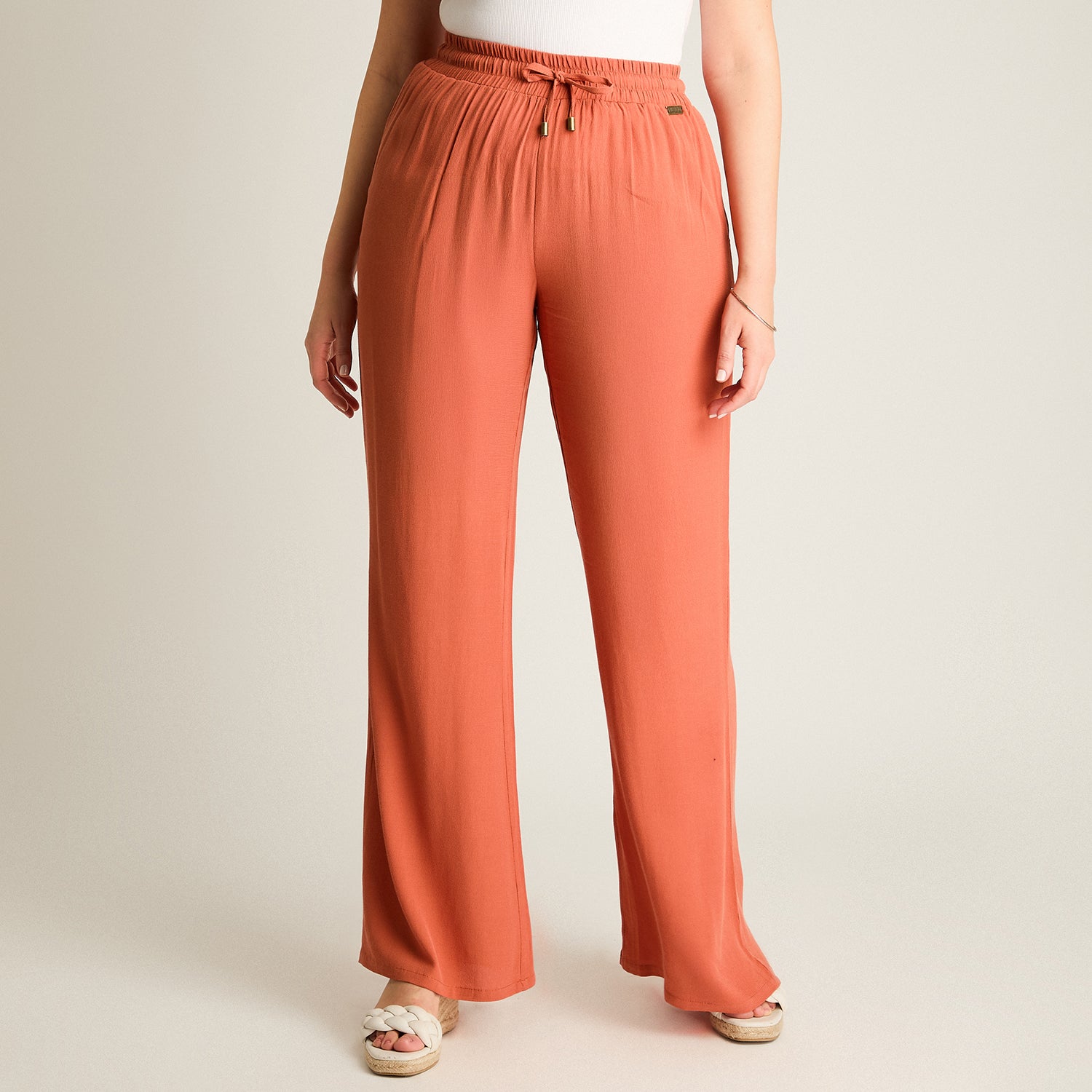 Pantalon Sport Terracota Palazzo Elasticidad Media Calce Holgado