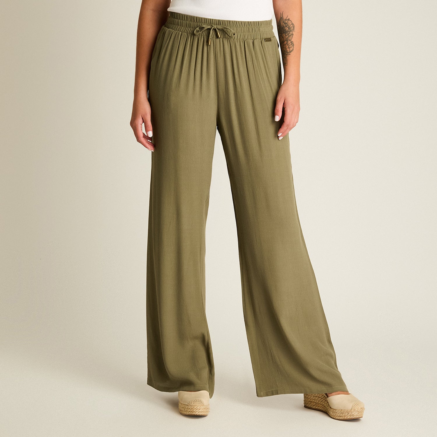 Pantalon Sport Verde Palazzo Elasticidad Media Calce Holgado
