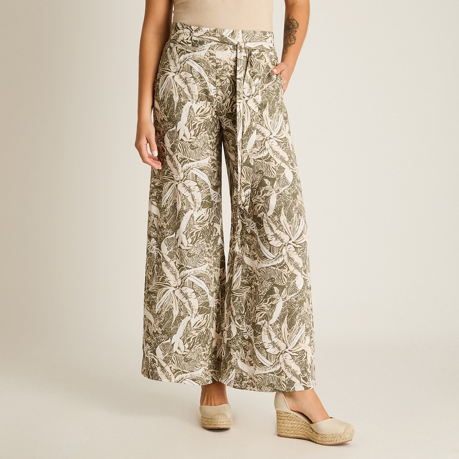 Pantalon Sport Verde Palazzo No Elasticado Calce Normal