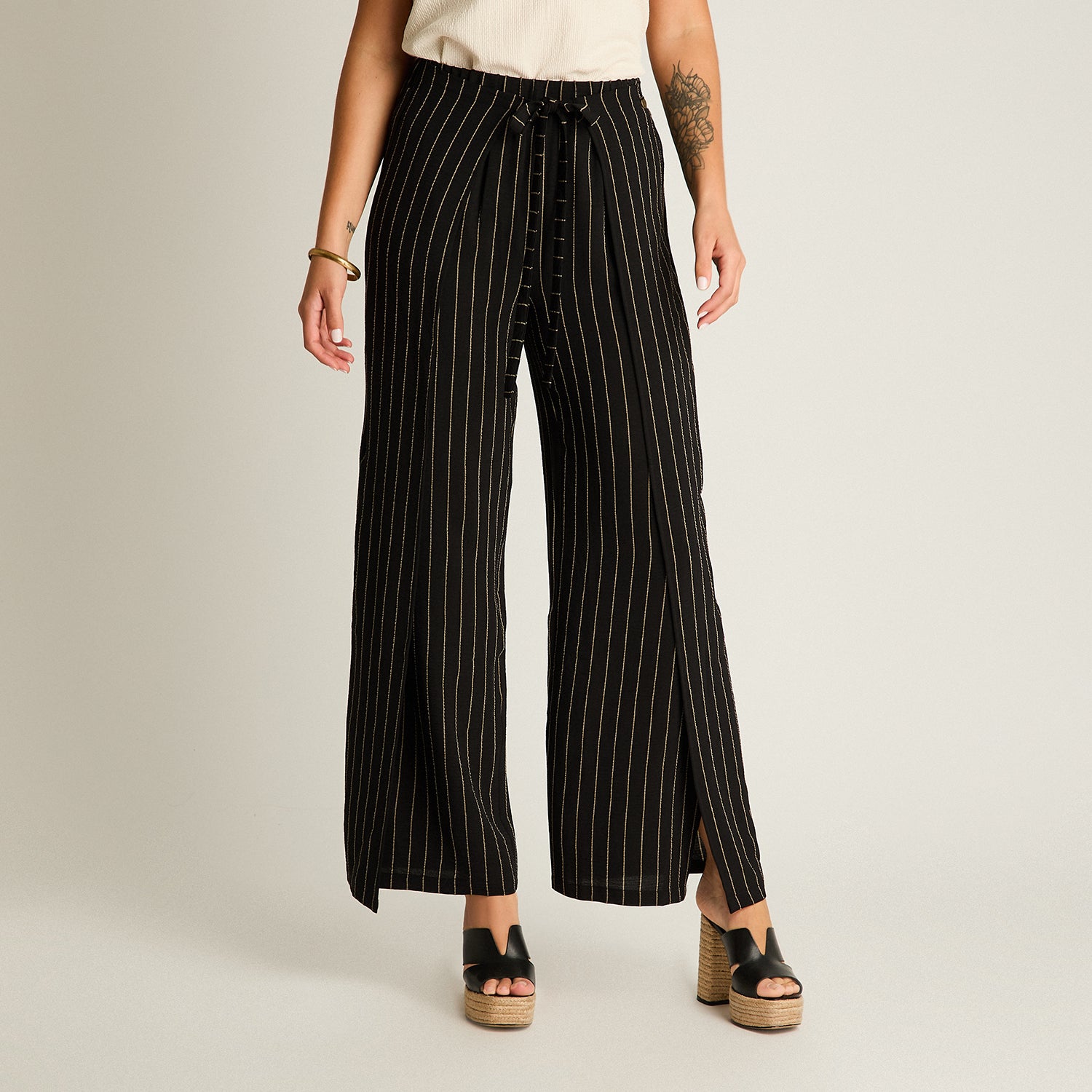 Pantalon Sport Negro Palazzo No Elasticado Calce Holgado