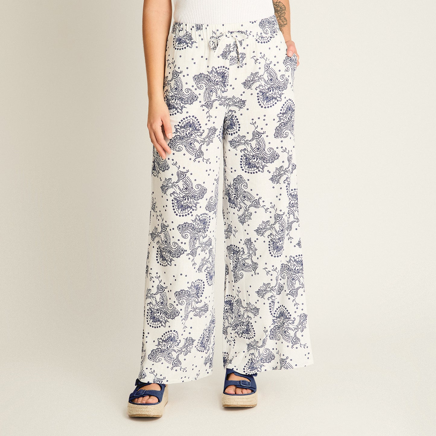 Pantalon Palazzo Blanco Estampado Mediterráneo