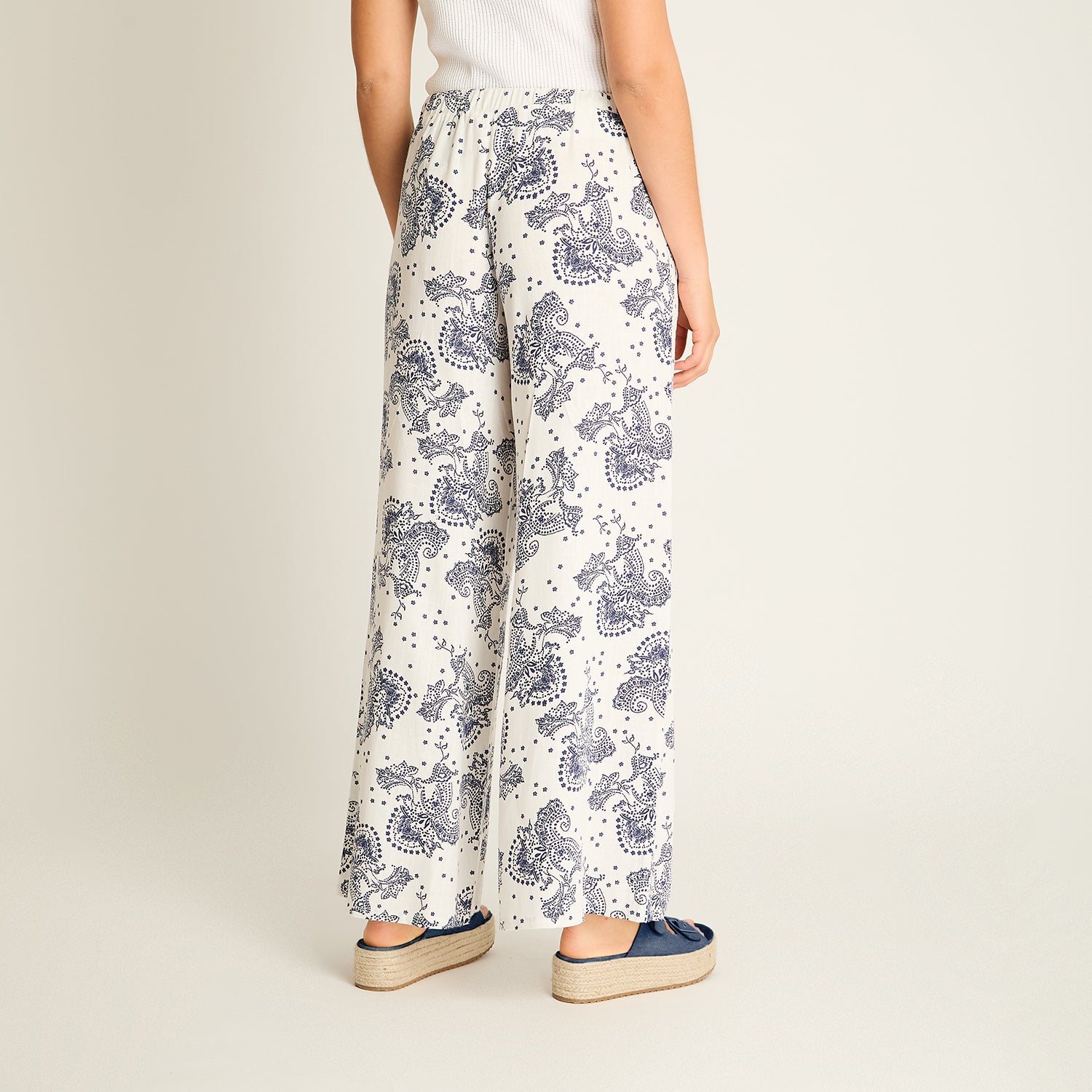 Pantalon Palazzo Blanco Estampado Mediterráneo