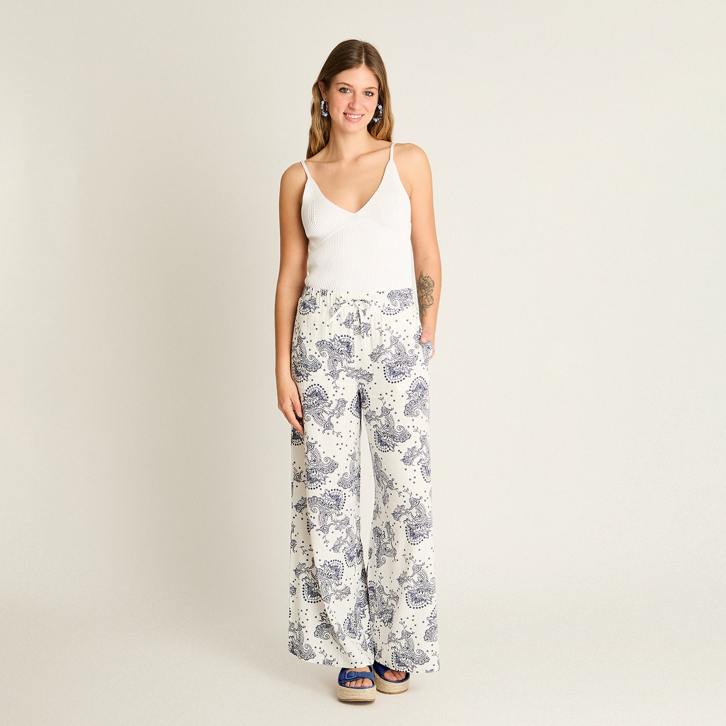 Pantalon Palazzo Blanco Estampado Mediterráneo