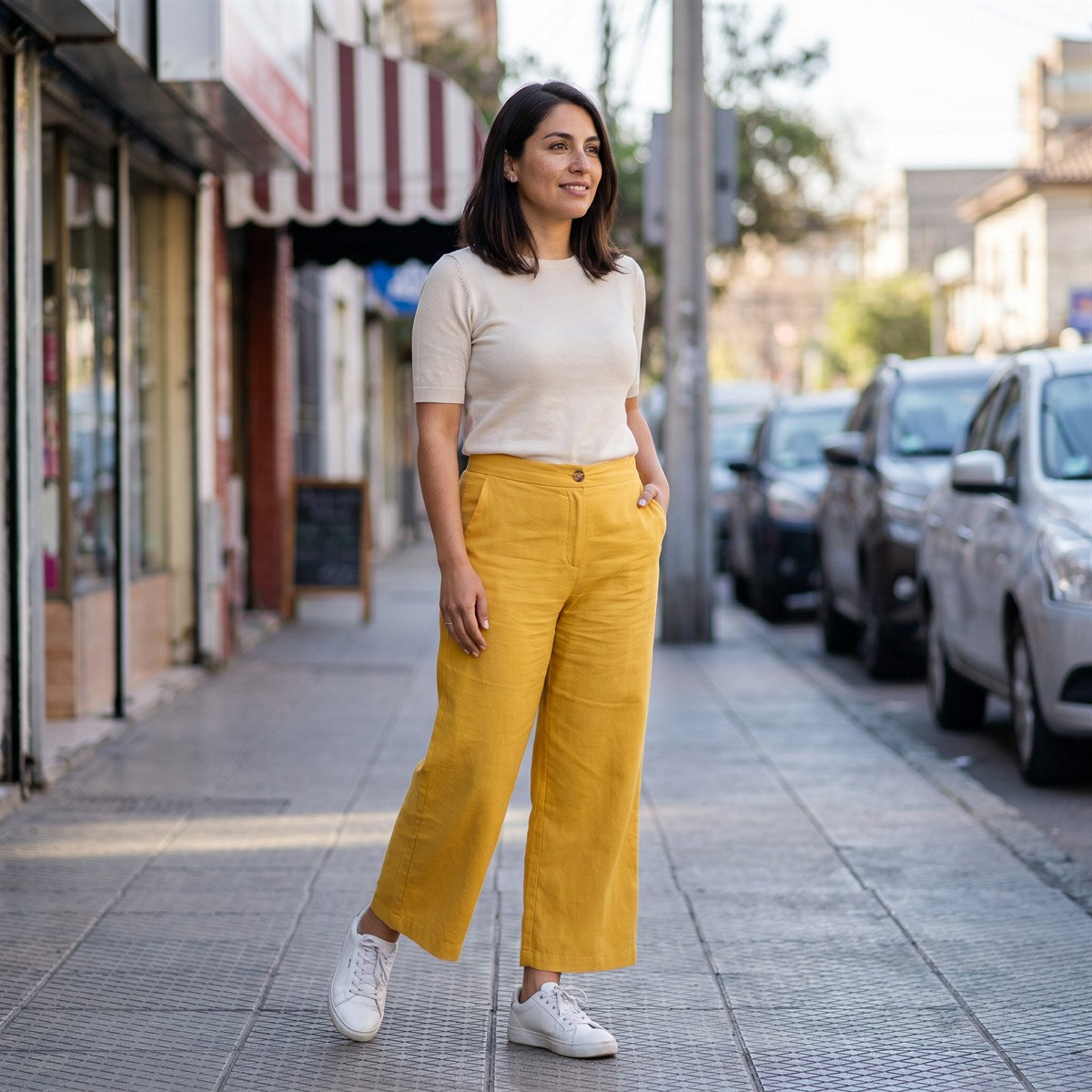 Pantalón Culotte Mostaza con Bolsillos Con Elástico en Cintrura lifestyle