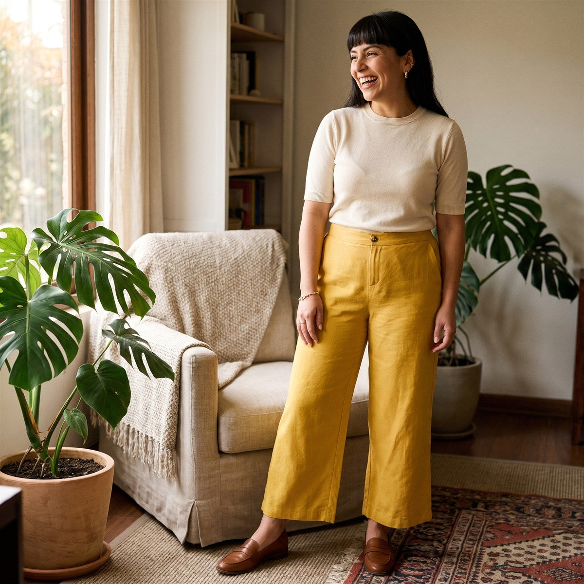 Pantalón Culotte Mostaza con Bolsillos Con Elástico en Cintrura lifestyle