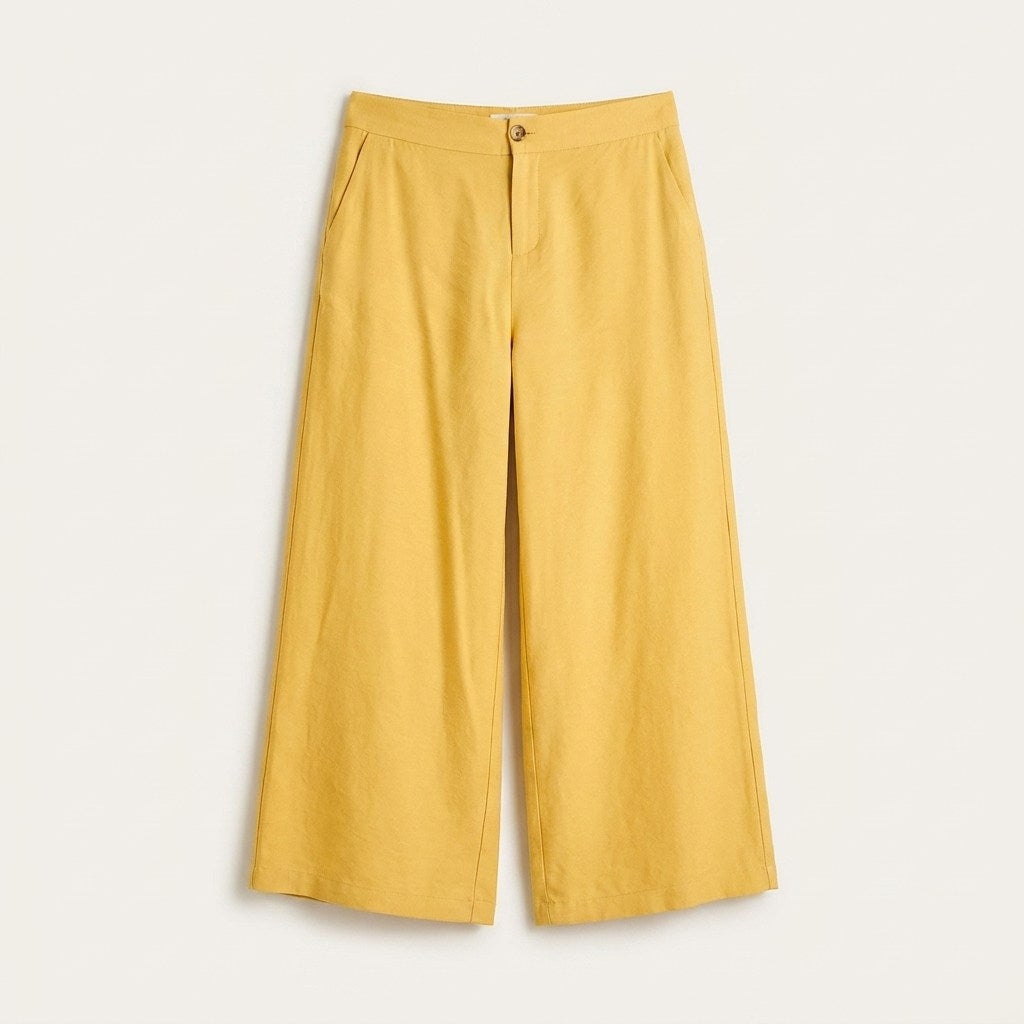 Pantalón Culotte Mostaza con Bolsillos Con Elástico en Cintrura en plano