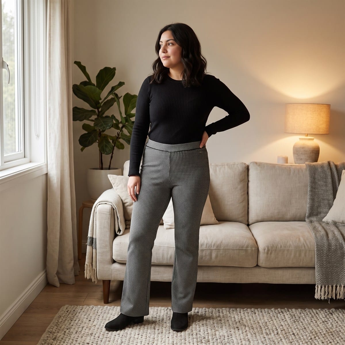 Pantalón Gris con Estampado Geométrico Clásico Corte Flare Tejido lifestyle