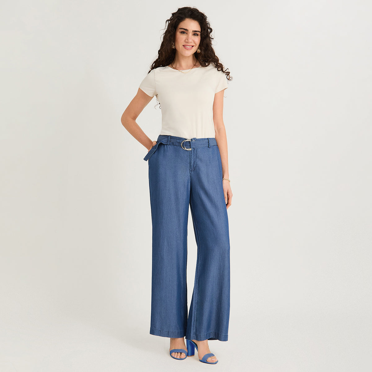 Pantalón Sport Pantalón Palazzo Lyocell Hebilla Metálica Azul