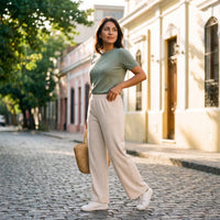 Pantalón Sport Palazzo Pretina Elasticada Beige lifestyle