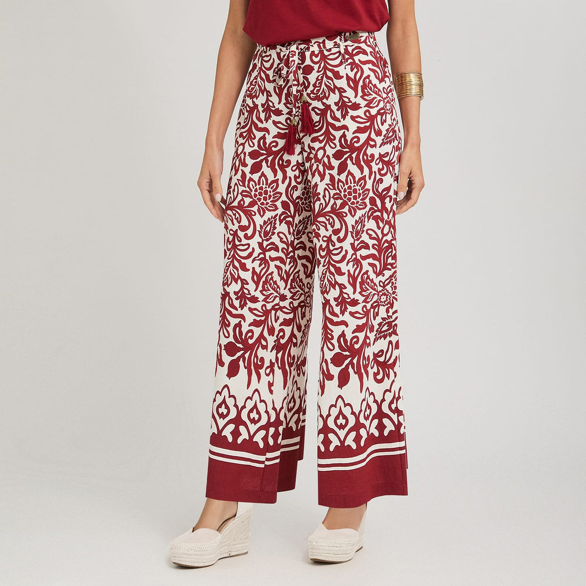 Pantalón Sport Culotte Estampado con Amarra en Cintura Beige