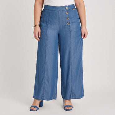 Pantalón Sport Palazzo de Lyocell Azul en modelo plus size