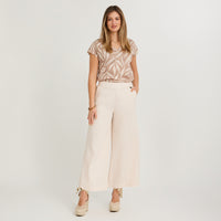 Pantalón Sport Culotte de Lino con Cinturón Beige
