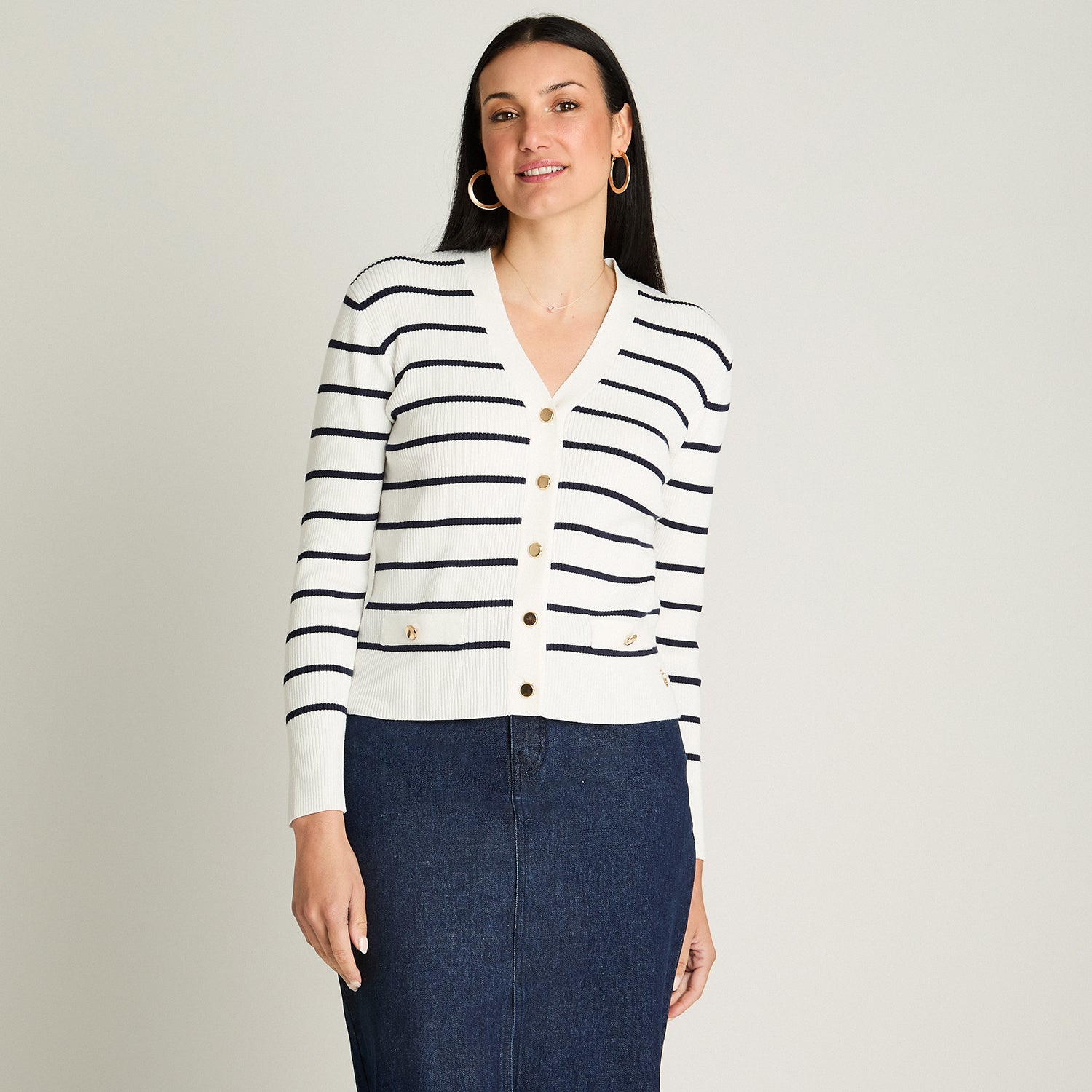 Cardigan Tejido Manga Larga Rayado Con Botones Dorados Crudo Lorenzo Di Pontti