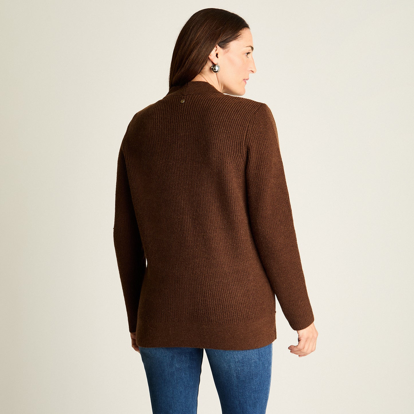 Cardigan Mix Fabric Con Aplicación De Suede Bonded , Y Bolsillos Delanteros Café
