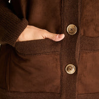 Cardigan Mix Fabric Con Aplicación De Suede Bonded , Y Bolsillos Delanteros Café