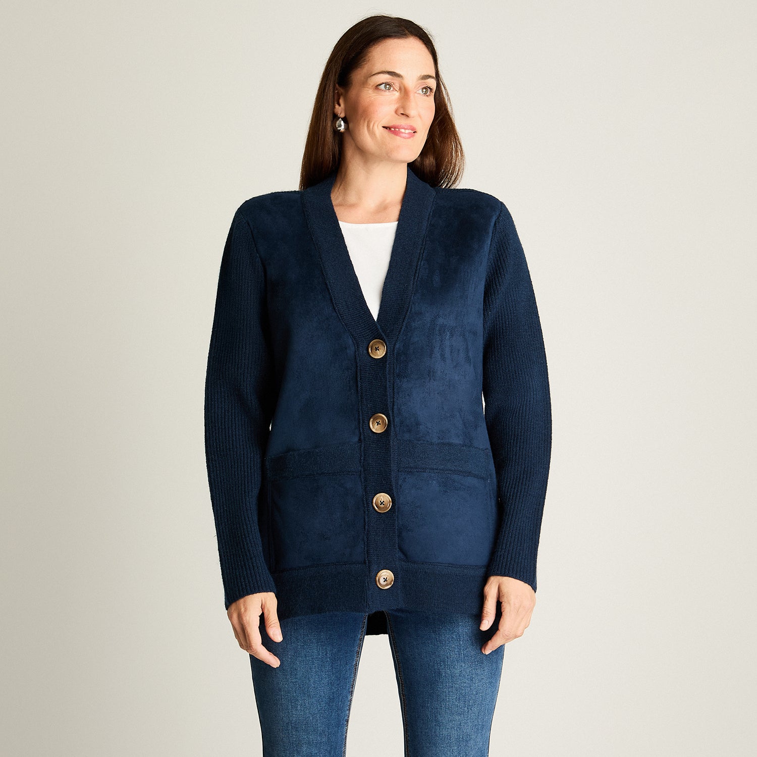Cardigan Mix Fabric Con Aplicación De Suede Bonded , Y Bolsillos Delanteros Azul