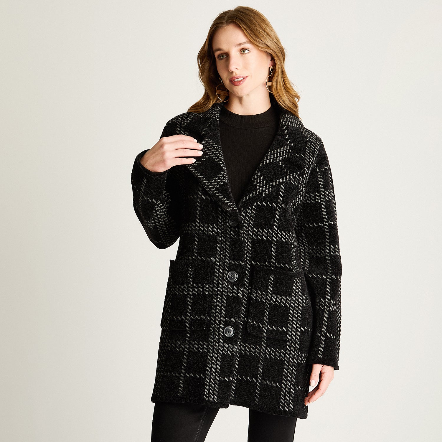 Abrigo Tejido Chenille Con Bolsillos Negro