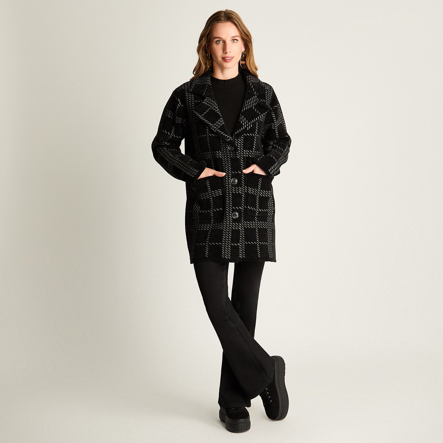 Abrigo Tejido Chenille Con Bolsillos Negro