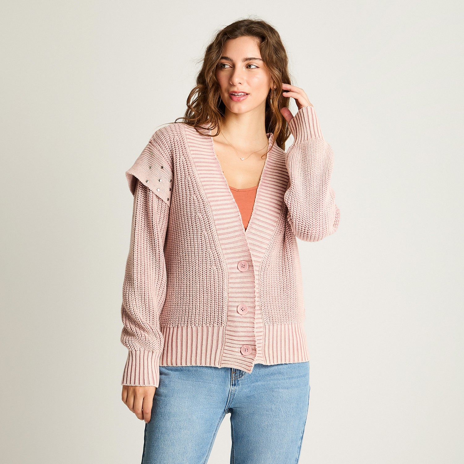 Cardigan Acid Wash Tachas Rosado Acuarela