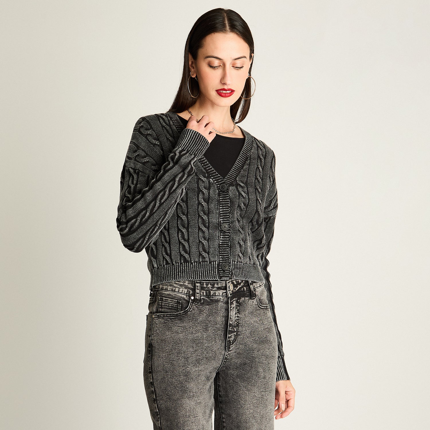 Cardigan Trenzado Con Botones Gris