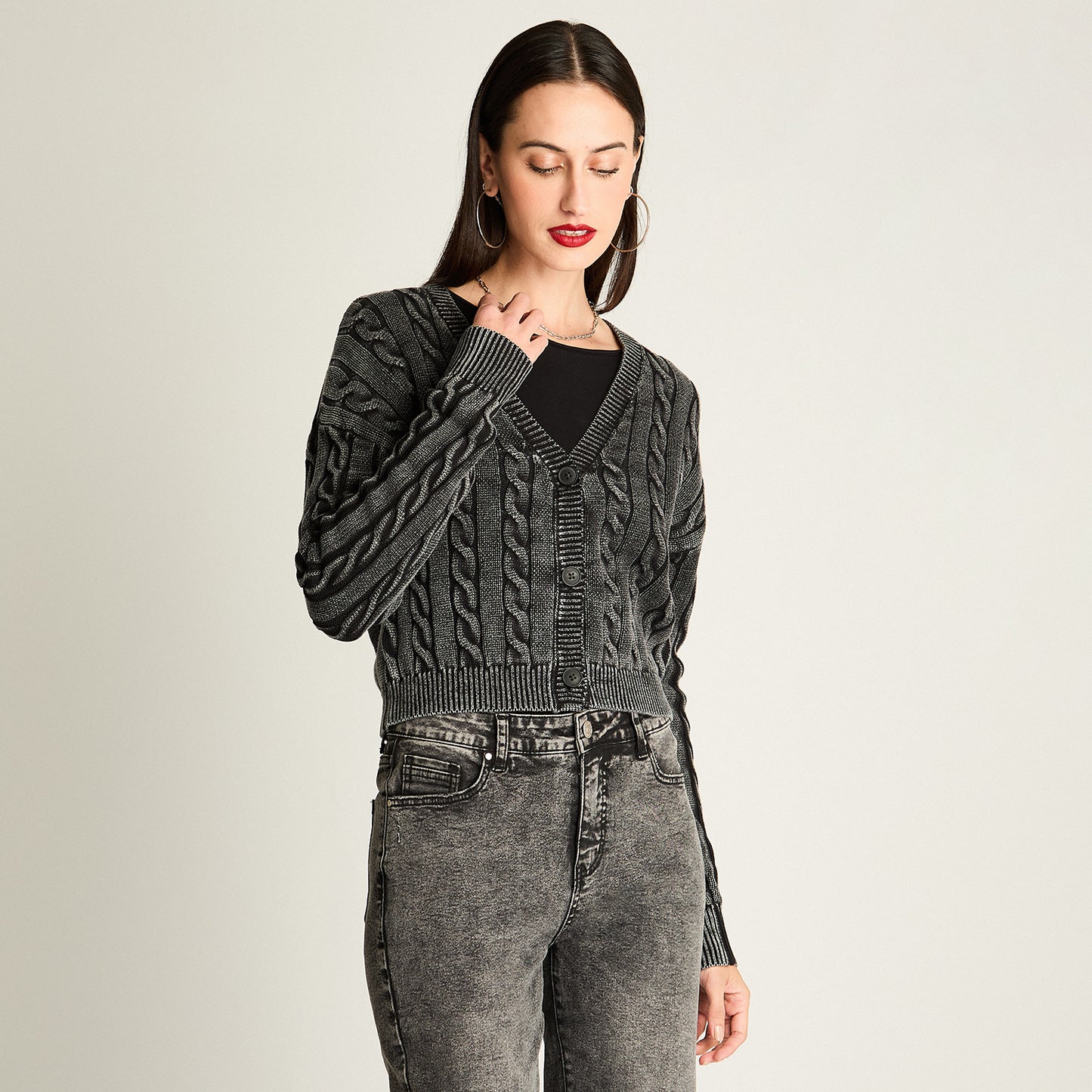 Cardigan Trenzado Con Botones Gris