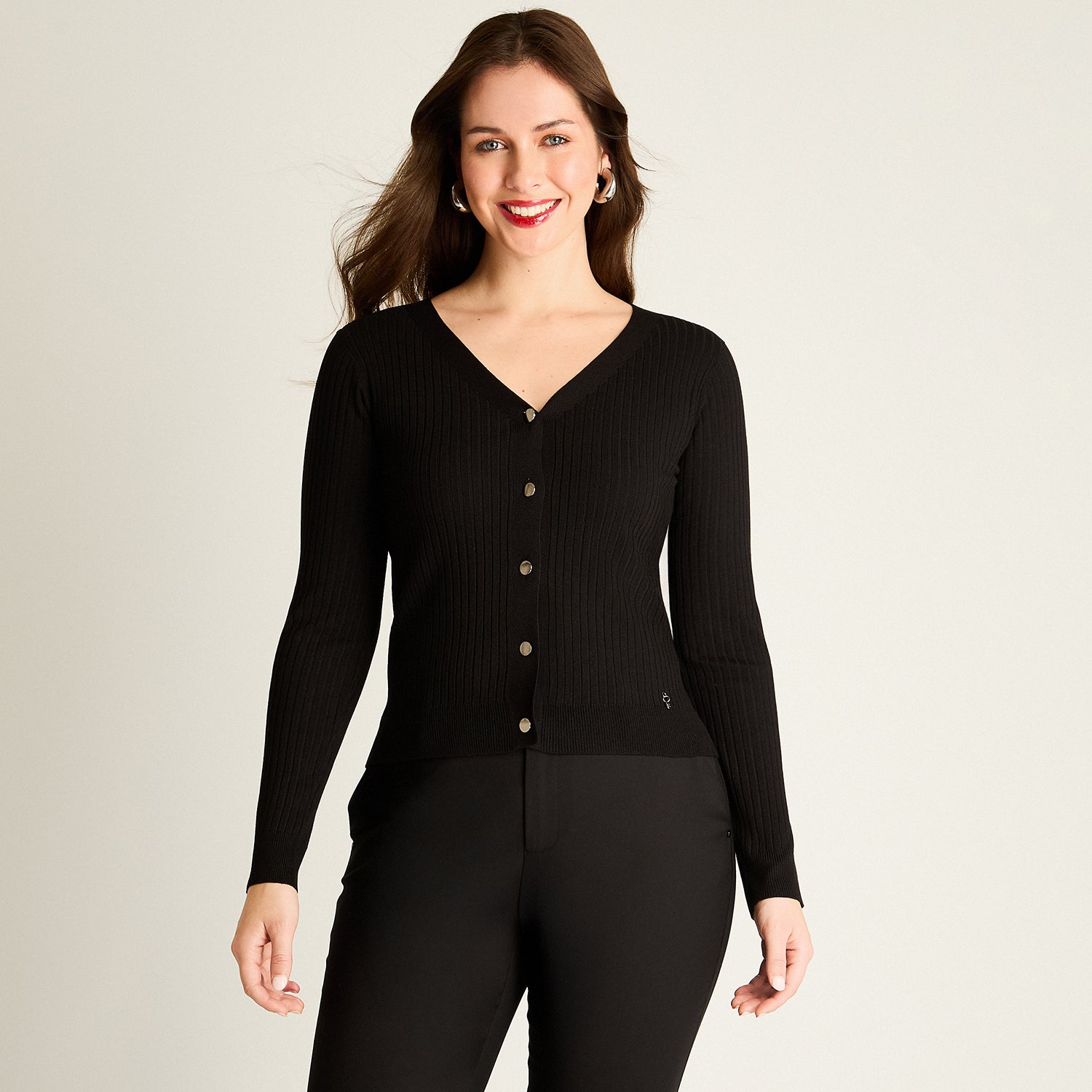 Cardigan Negro Manga Larga Elasticidad Media Sin Forro Calce Normal