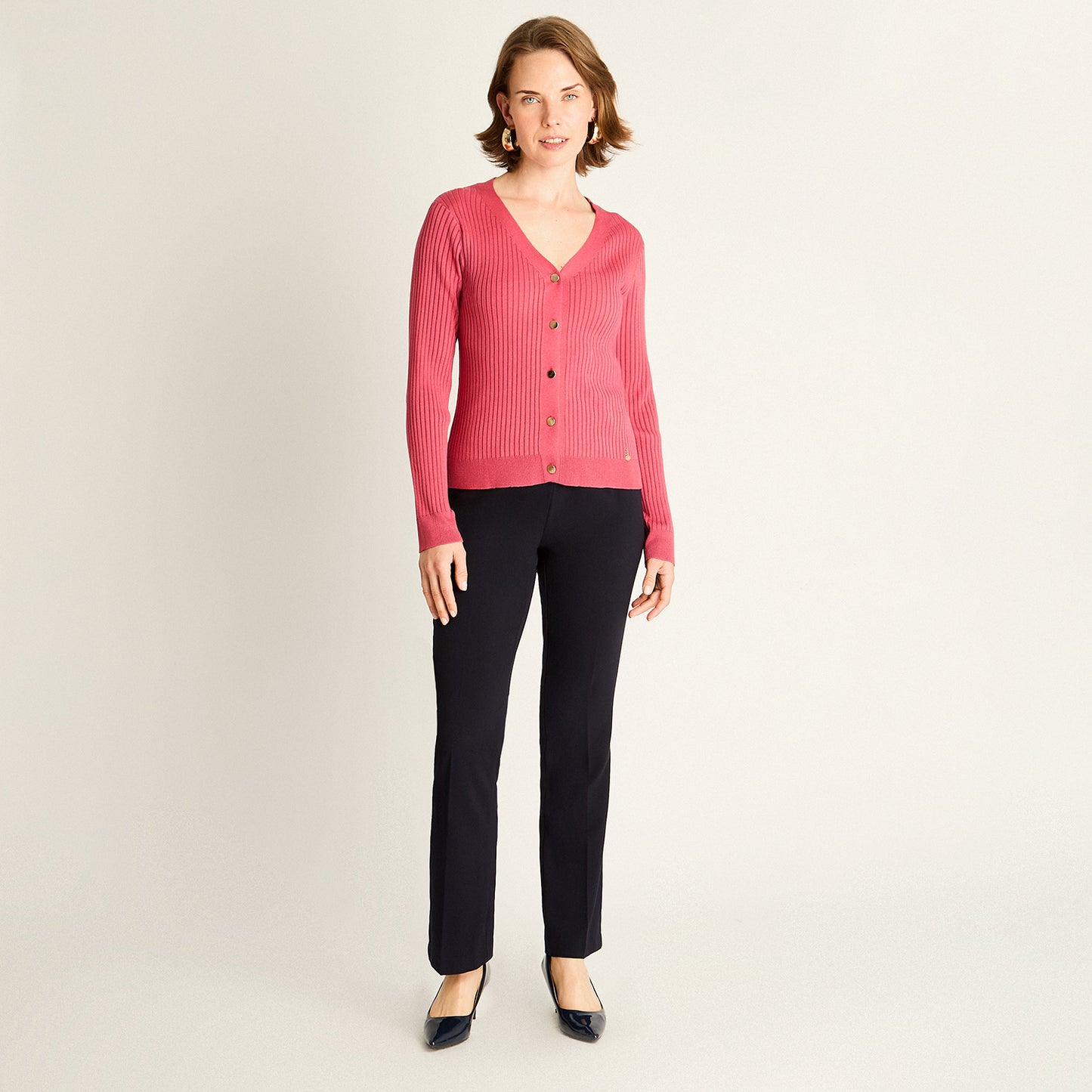 Cardigan Rosado Manga Larga Elasticidad Media Sin Forro Calce Normal
