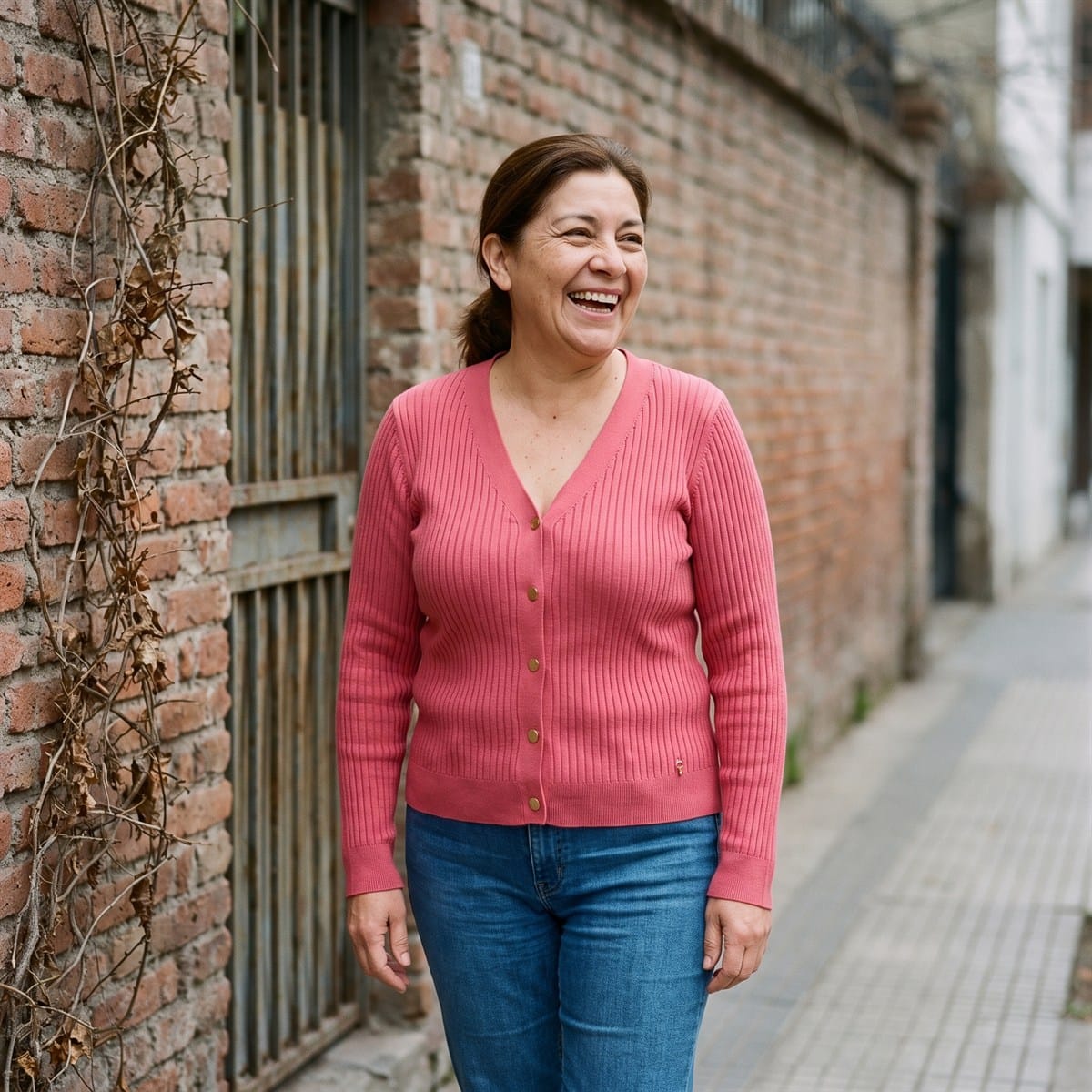 Cardigan Rosado Acanalado Con Botones Dorados lifestyle