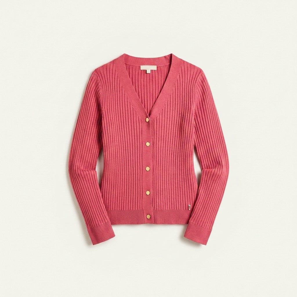 Cardigan Rosado Acanalado Con Botones Dorados en plano