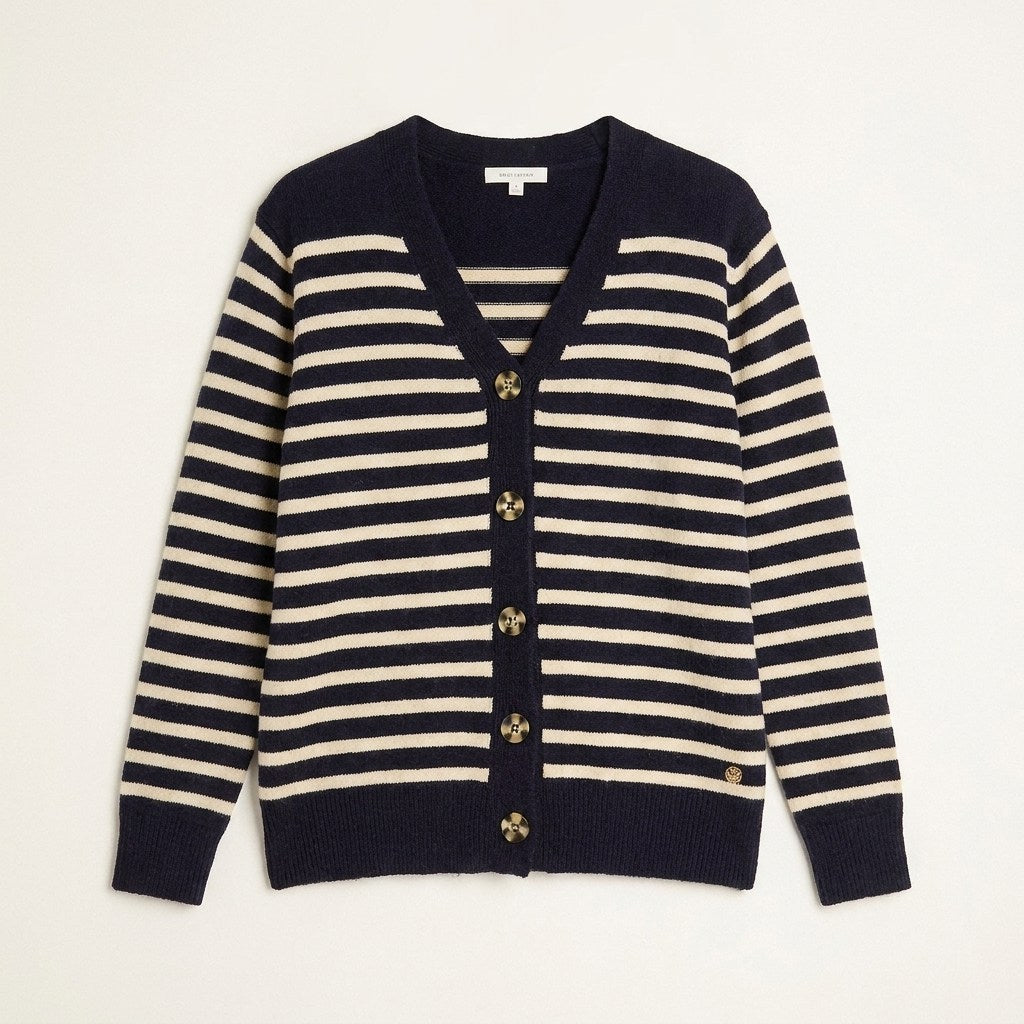Cardigan Azul Marino A Rayas Con Botones Dorados en plano