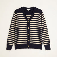 Cardigan Azul Marino A Rayas Con Botones Dorados en plano