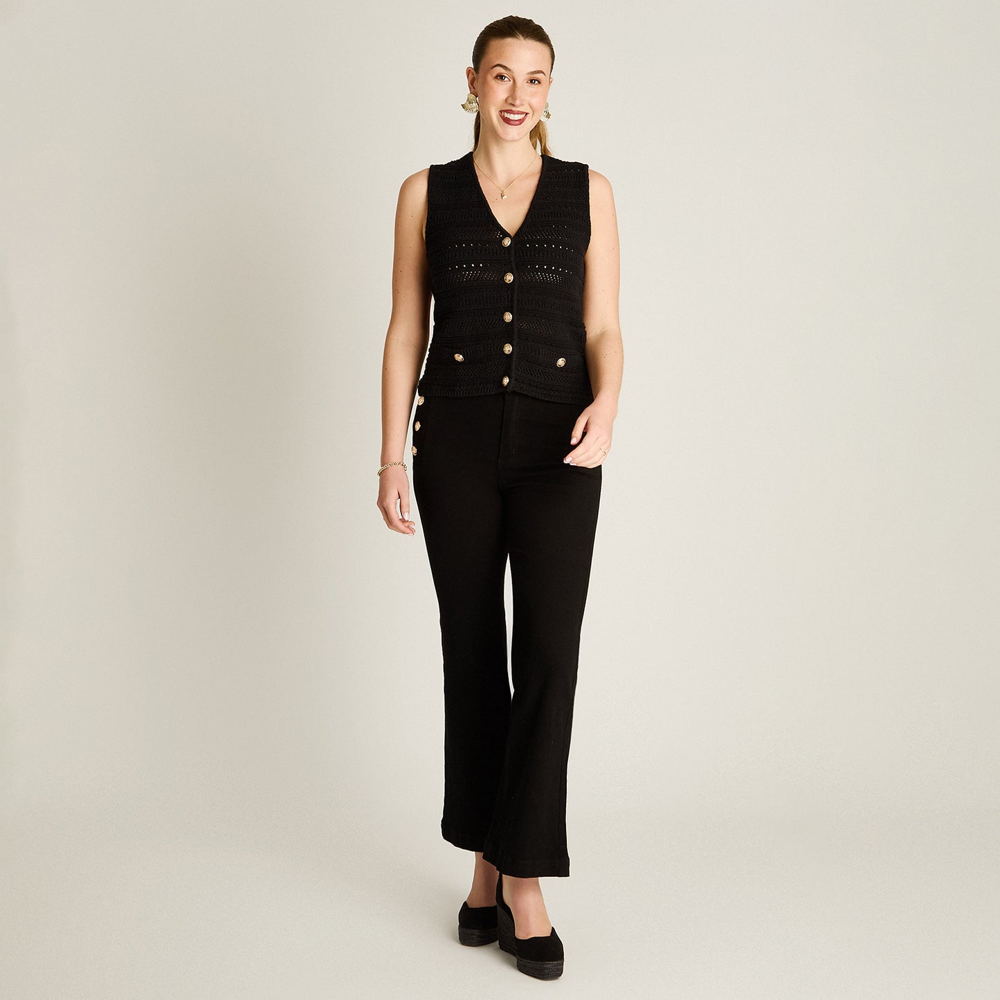 Cardigan Negro Sin Mangas Elasticidad Media Sin Forro Calce Normal Tela Tejido