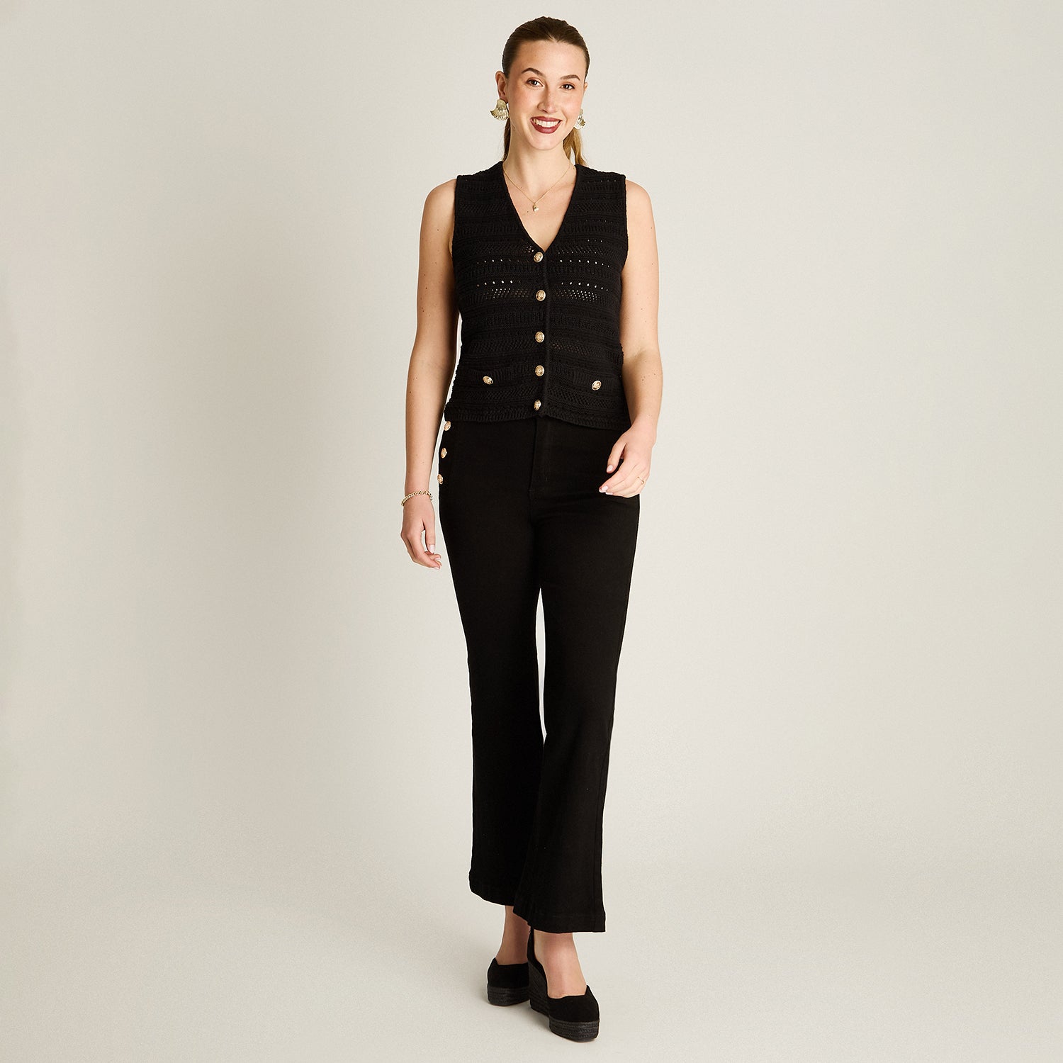 Cardigan Negro Sin Mangas Elasticidad Media Sin Forro Calce Normal Tela Tejido
