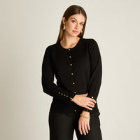 Cardigan Negro Manga Larga Elasticidad Media Sin Forro Calce Normal Tela Tejido