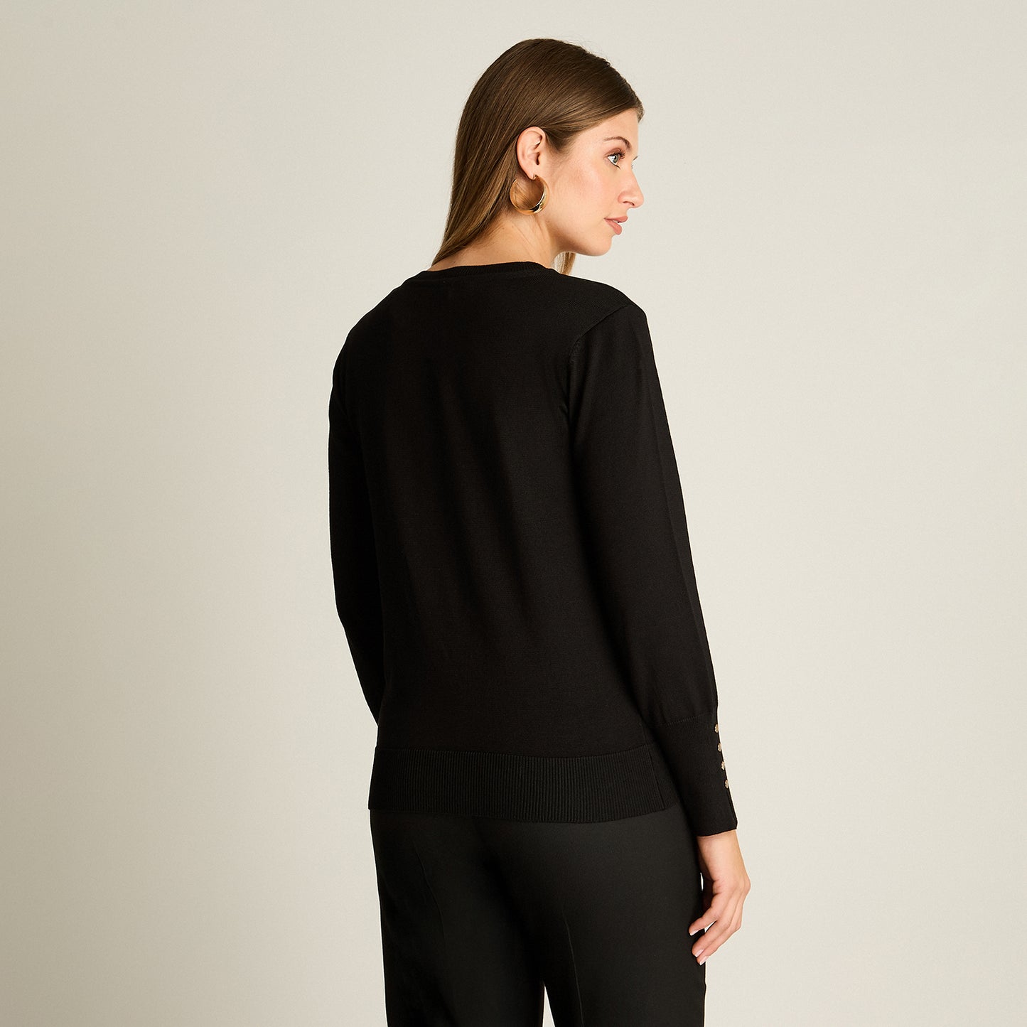 Cardigan Negro Manga Larga Elasticidad Media Sin Forro Calce Normal Tela Tejido