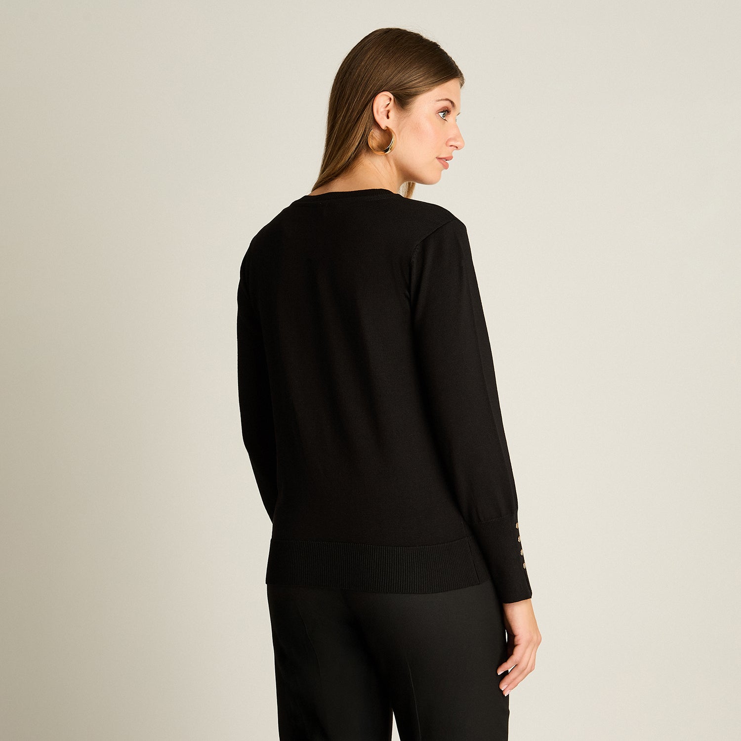 Cardigan Negro Manga Larga Elasticidad Media Sin Forro Calce Normal Tela Tejido